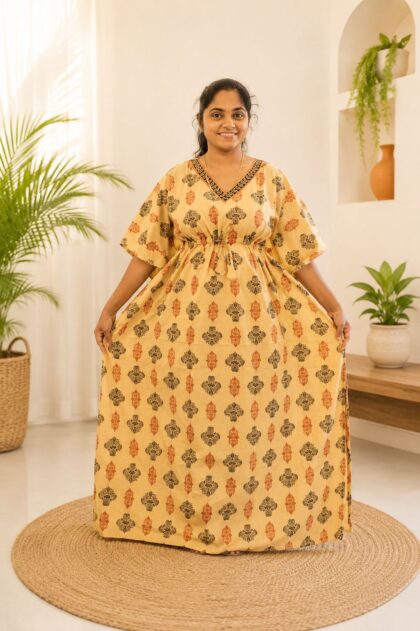 Cotton Kaftan Nightgown Sandlewood Ajrakh