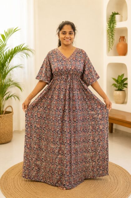 Cotton Kaftan Nightgown Navy Blue Kalamkari