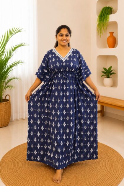 Cotton Kaftan Nightgown Blue IKat