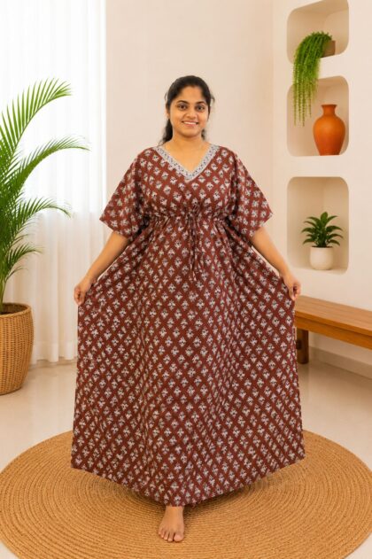 Cotton Kaftan Nightgown Cofee Brown Leaf