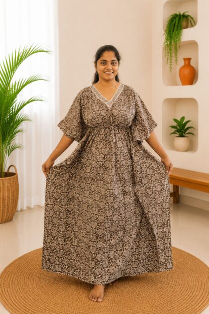 Cotton Kaftan Nightgown Brown FLoral