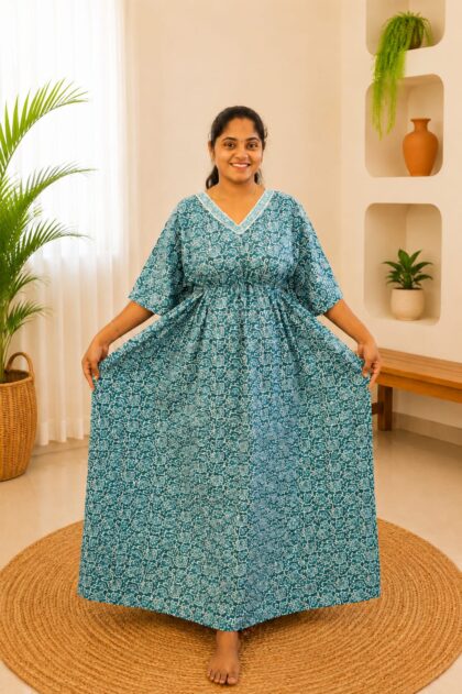 Cotton Kaftan Nightgown Green Floral