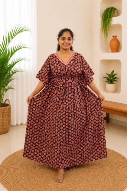 Cotton Kaftan Nightgown Black Leaf