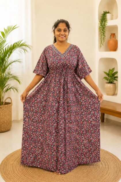 Cotton Kaftan Nightgown Pink kalamkari