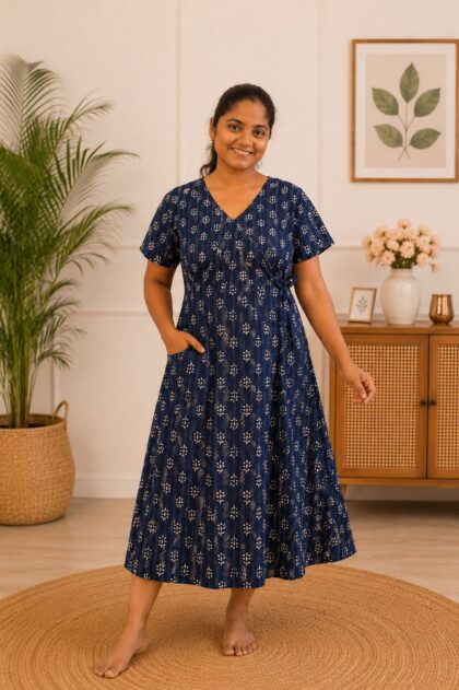 Wrap Pattern Nightdress Navy Blue