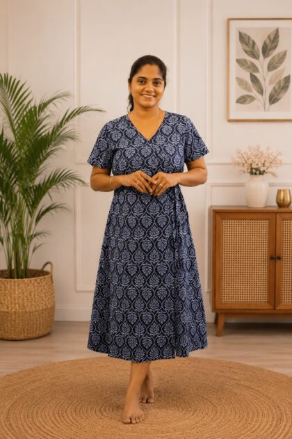 Wrap Pattern Nighties Indigo Blue Leaf