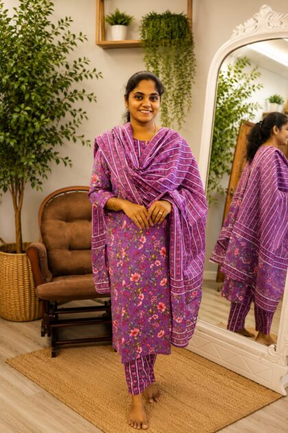 Pure Cotton Salwar Set Purple