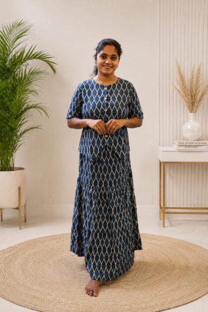 Cotton Skirt And Top Navy Blue Ikat