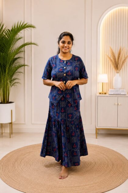 Cotton Skirt & Top Set Navy Blue Kolam
