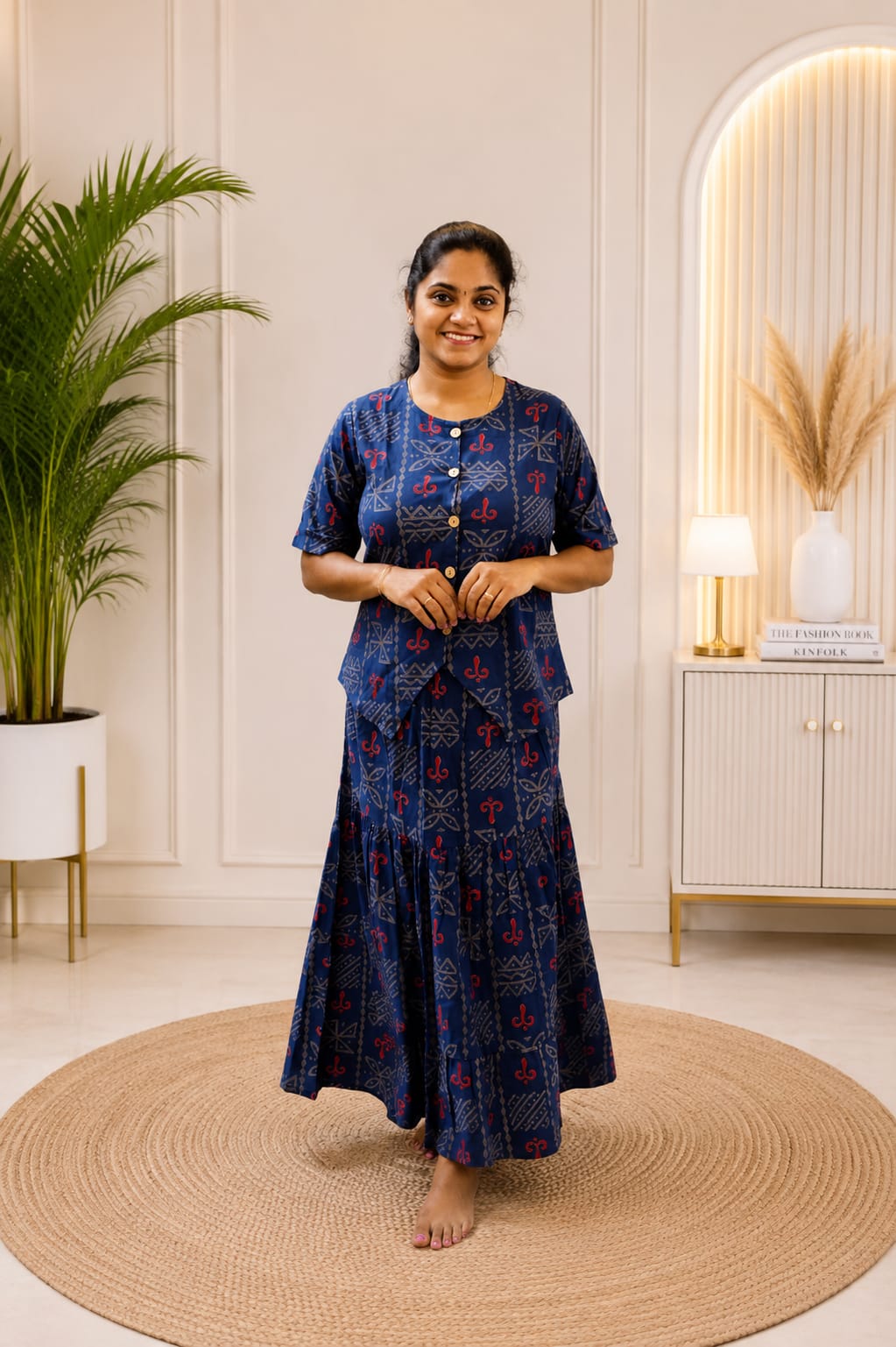 Cotton Skirt & Top Set Navy Blue Kolam
