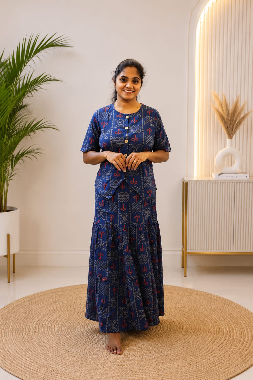 Cotton Skirt & Top Set Navy Blue Kolam - Image 2