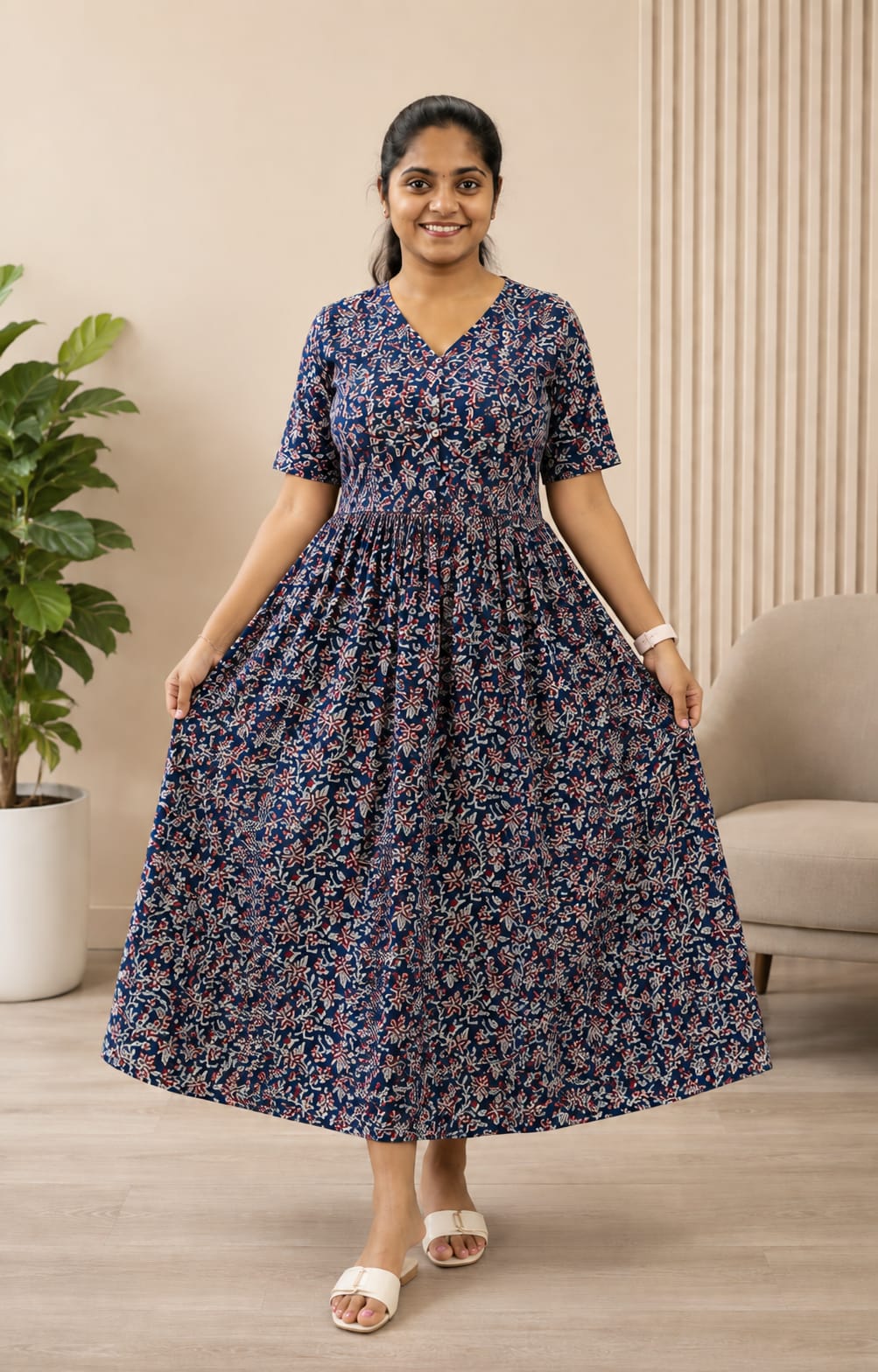 New Breathable Cotton Frocks Blue Flower