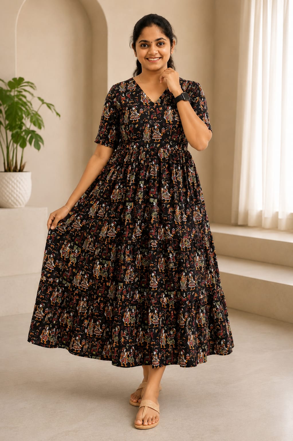 New Breathable Cotton Frocks Black Kalamkari - Image 2