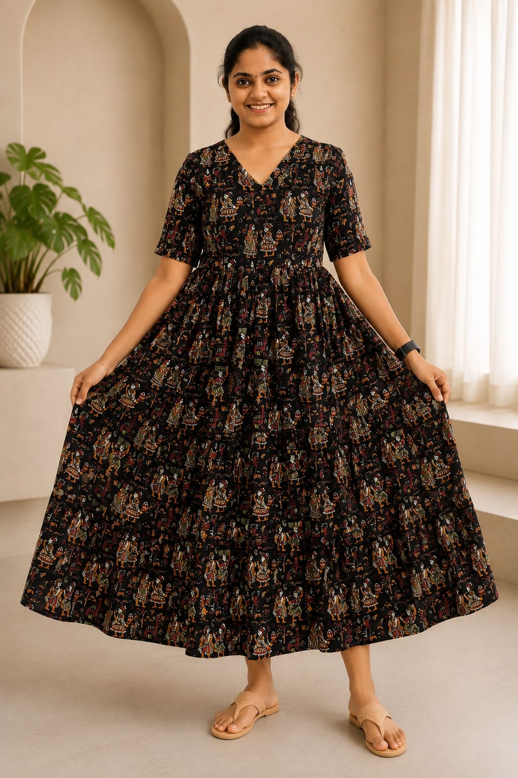 New Breathable Cotton Frocks Black Kalamkari
