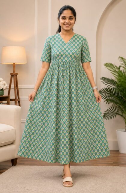 New Breathable Cotton Frocks Sea Green