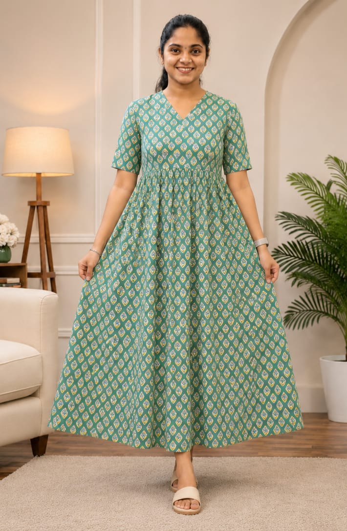 New Breathable Cotton Frocks Sea Green