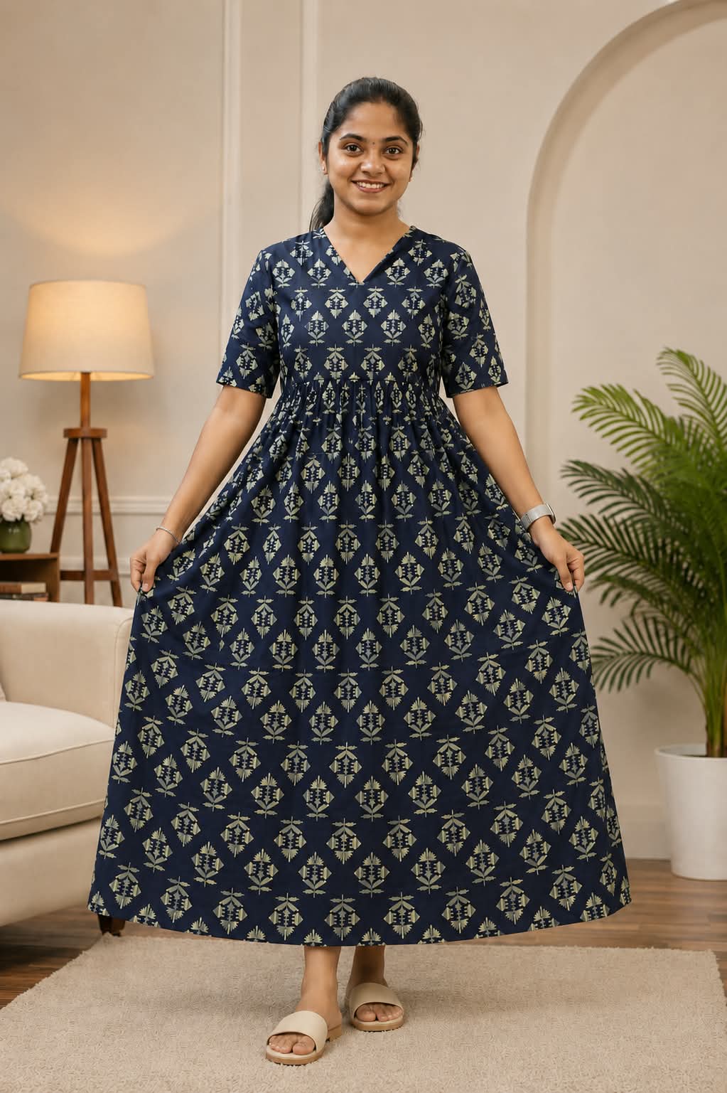 New Breathable Cotton Frocks Navy Blue