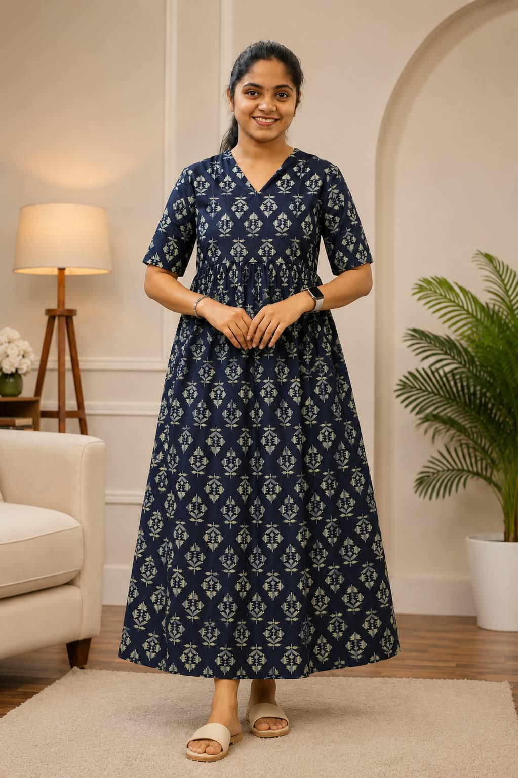 New Breathable Cotton Frocks Navy Blue - Image 2