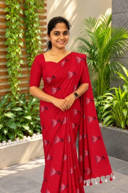 Khadi Mull Pure Cotton Sarees Red Doll (Red &White)