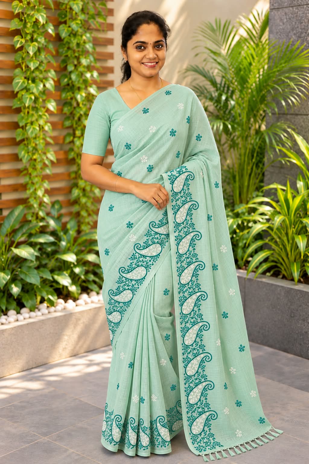 Linen Cotton Saree Sea Green - Image 3