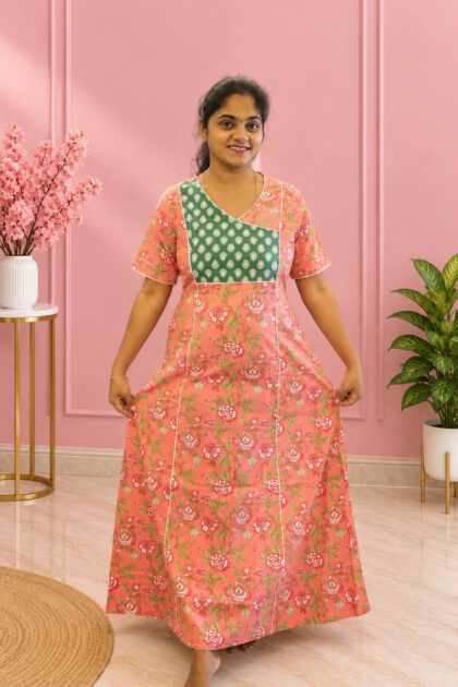 Salwar Cut Nighty Pink With Sage Green