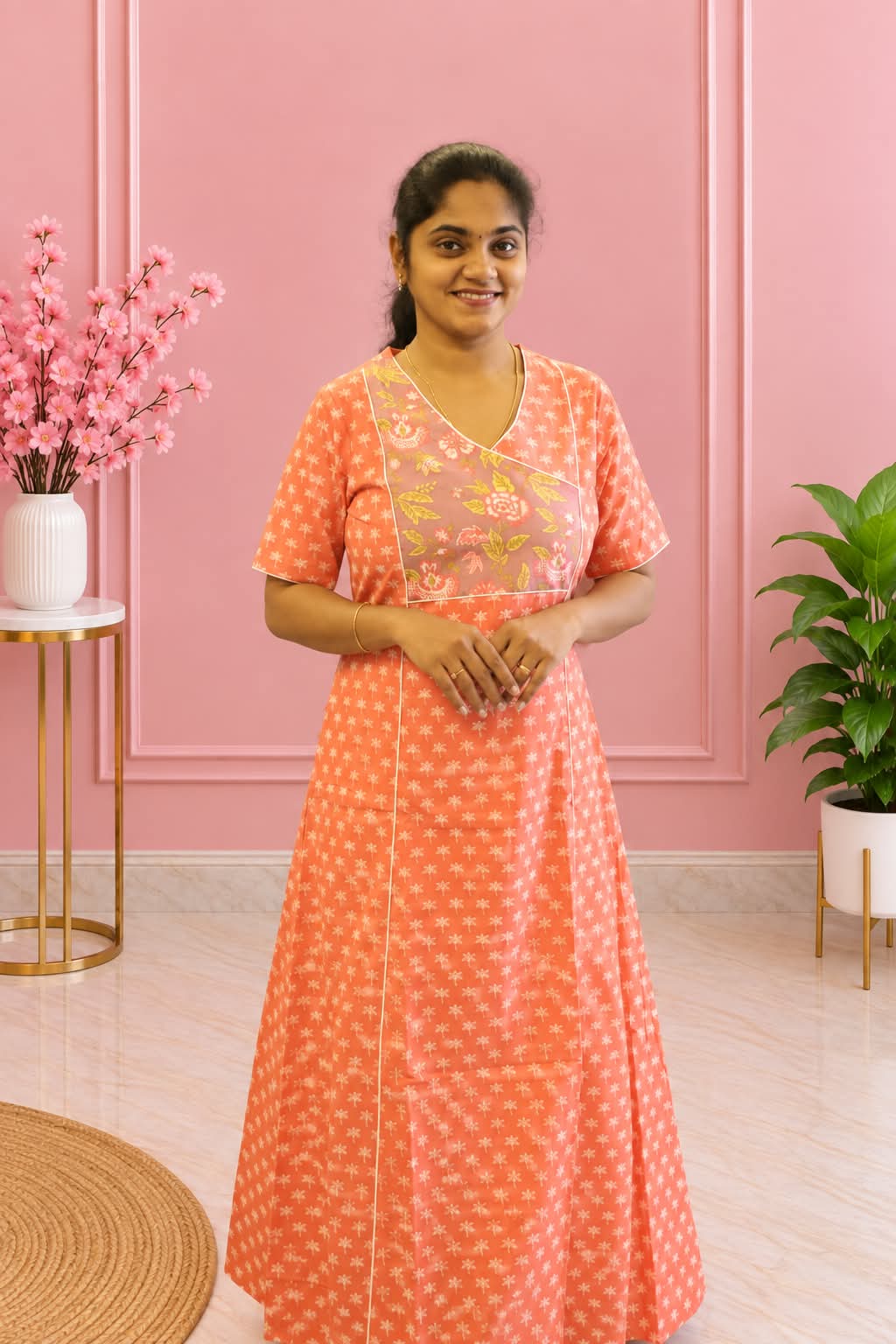 Salwar Cut Nighty Orange With Grey Floral - Image 2