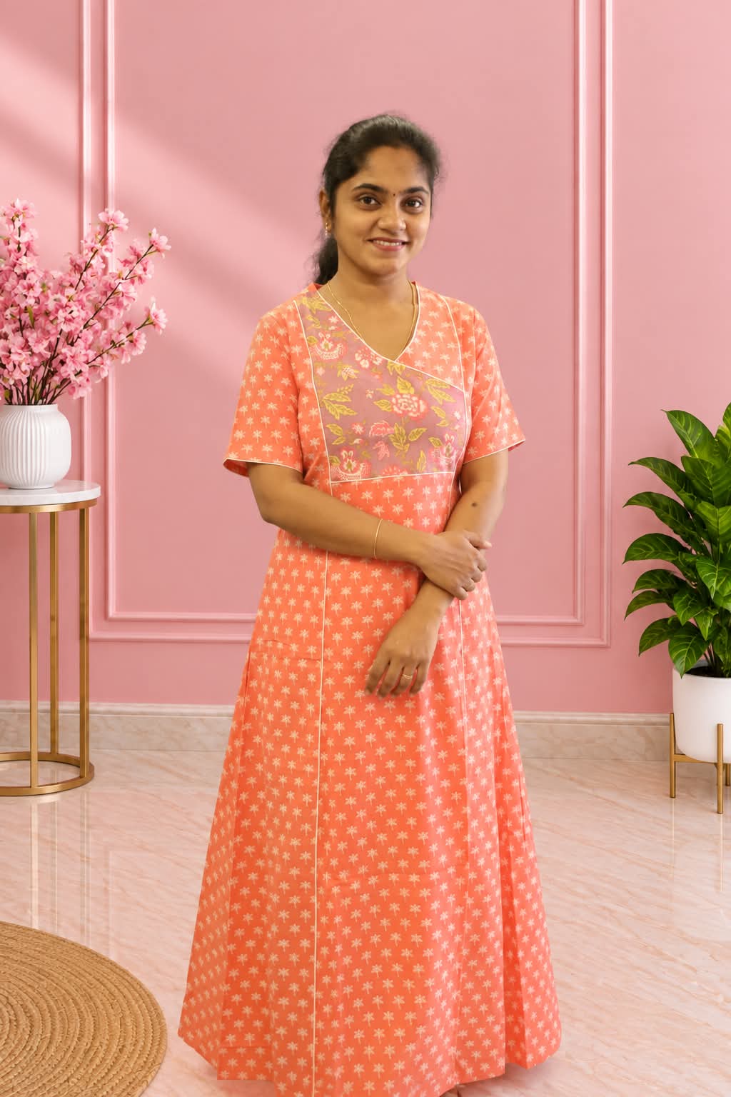 Salwar Cut Nighty Orange With Grey Floral - Image 3