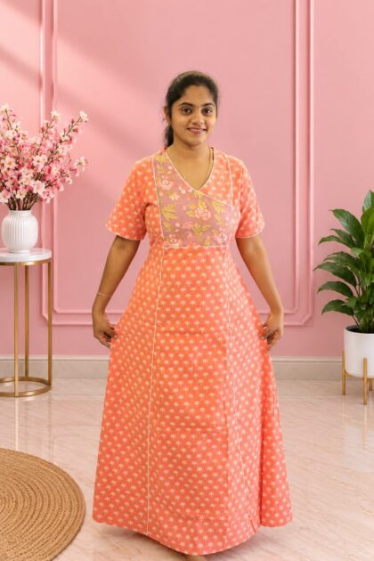 Salwar Cut Nighty Orange With Grey Floral