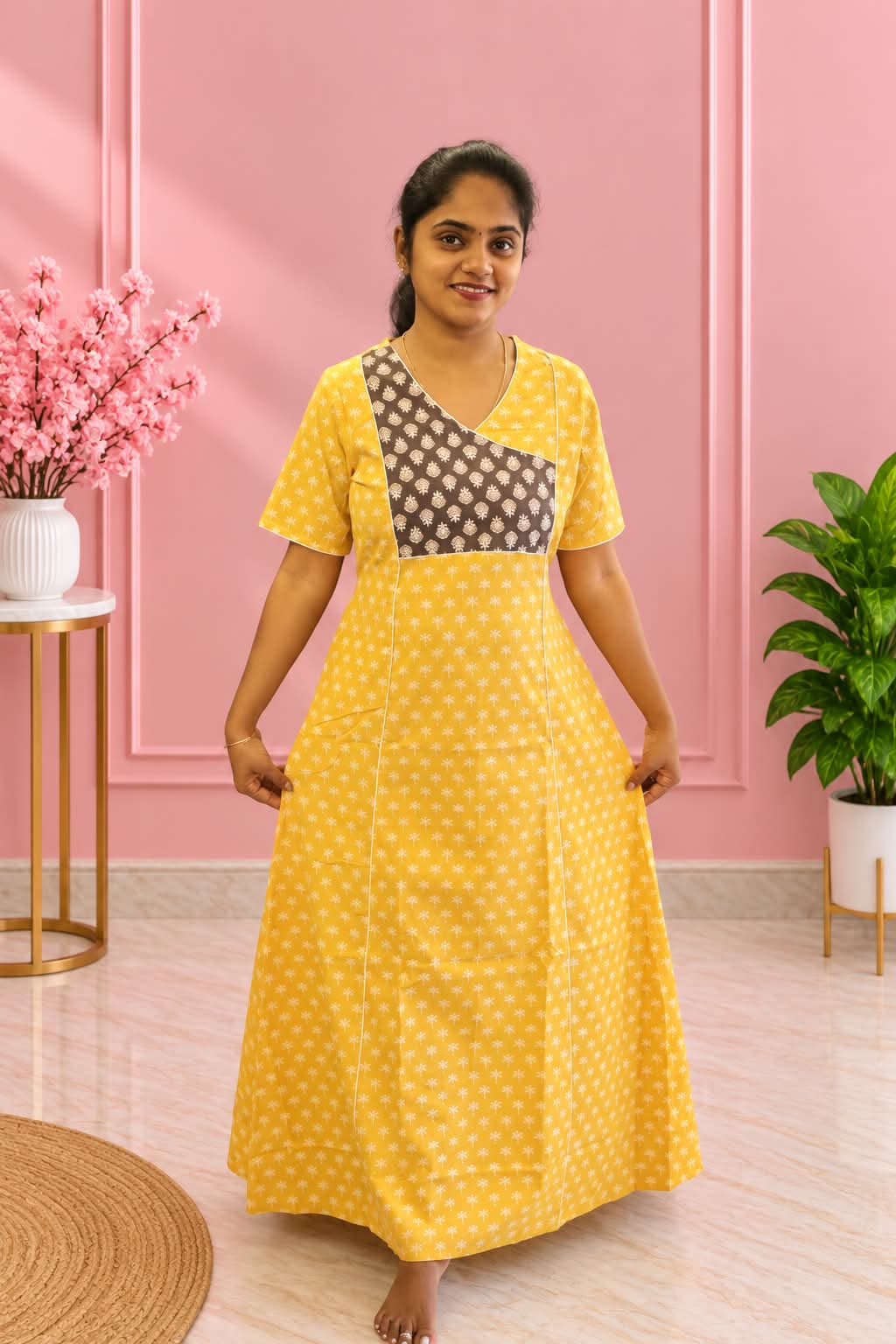 Salwar Cut Nighty Yellow With Black