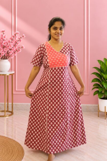 Salwar Cut Nighty Maroon With Blush Pink