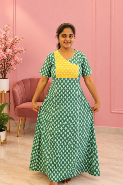 Salwar Cut Cotton Nighty Green With Yellow