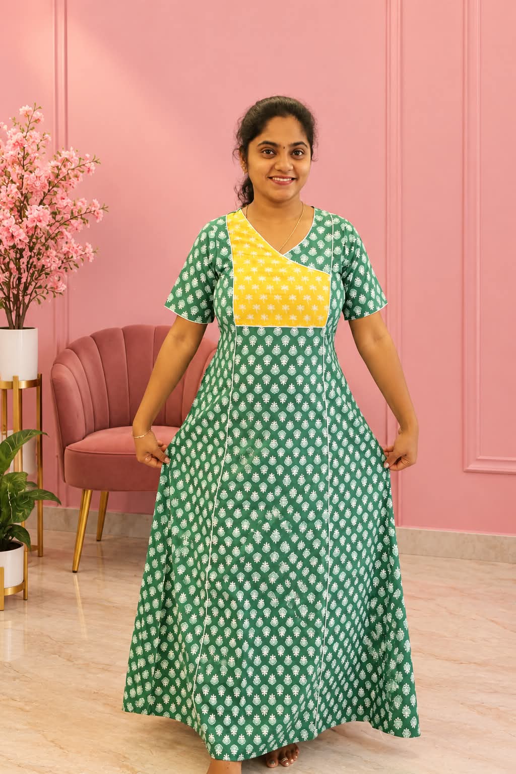 Salwar Cut Cotton Nighty Green With Yellow