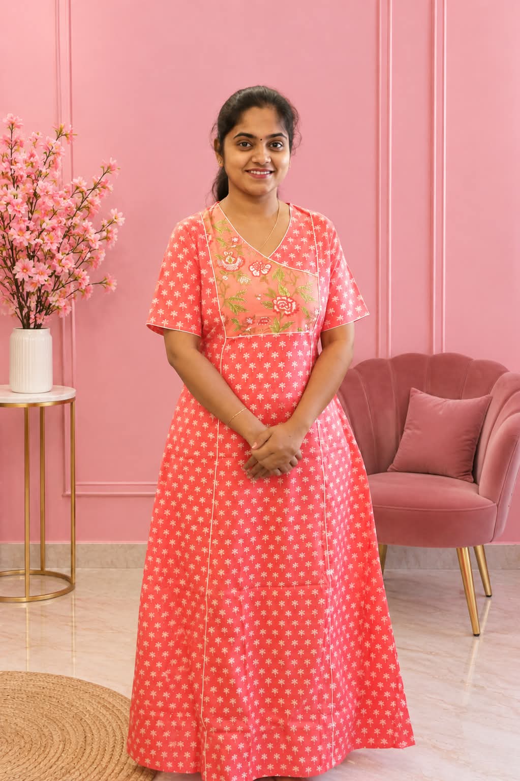 Salwar Cut Cotton Nighty Blush Pink Floral - Image 3
