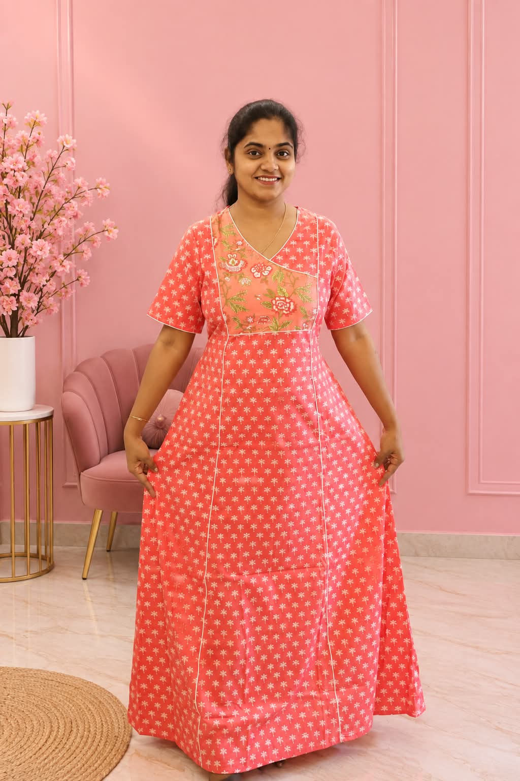 Salwar Cut Cotton Nighty Blush Pink Floral - Image 2