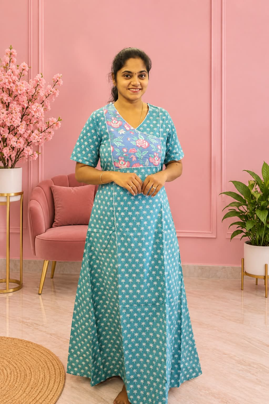 Salwar Cut Nighty Teal Green With Teal Blue - Image 3