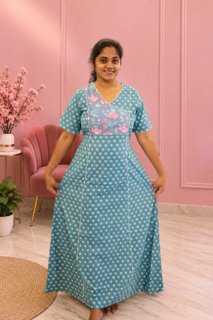 Salwar Cut Nighty Teal Green With Teal Blue