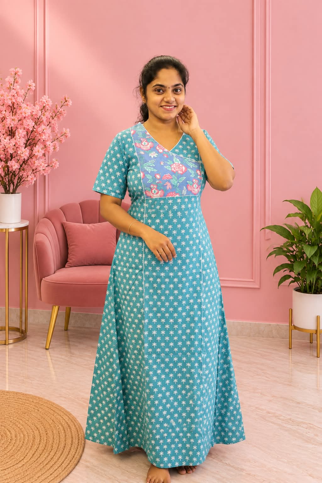 Salwar Cut Nighty Teal Green With Teal Blue - Image 2