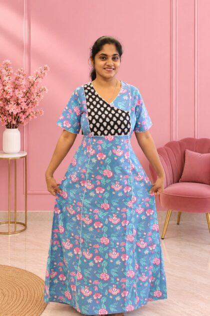 Salwar Cut Nighty Teal Blue With Black