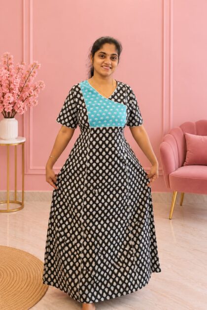 Salwar Cut Nighty Black With Teal Green