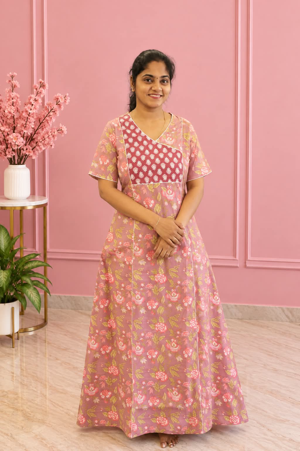 Salwar Cut Nighty Muted Purple With Maroon Floral - Image 3