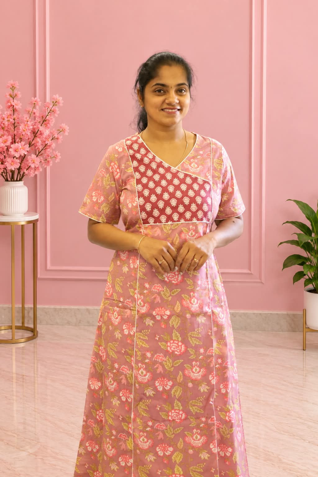 Salwar Cut Nighty Muted Purple With Maroon Floral - Image 2