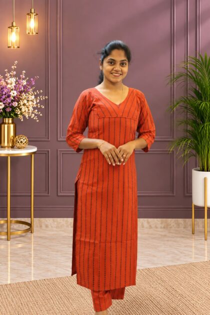Elegant Cotton Geometric Co-ord Set Brick Red
