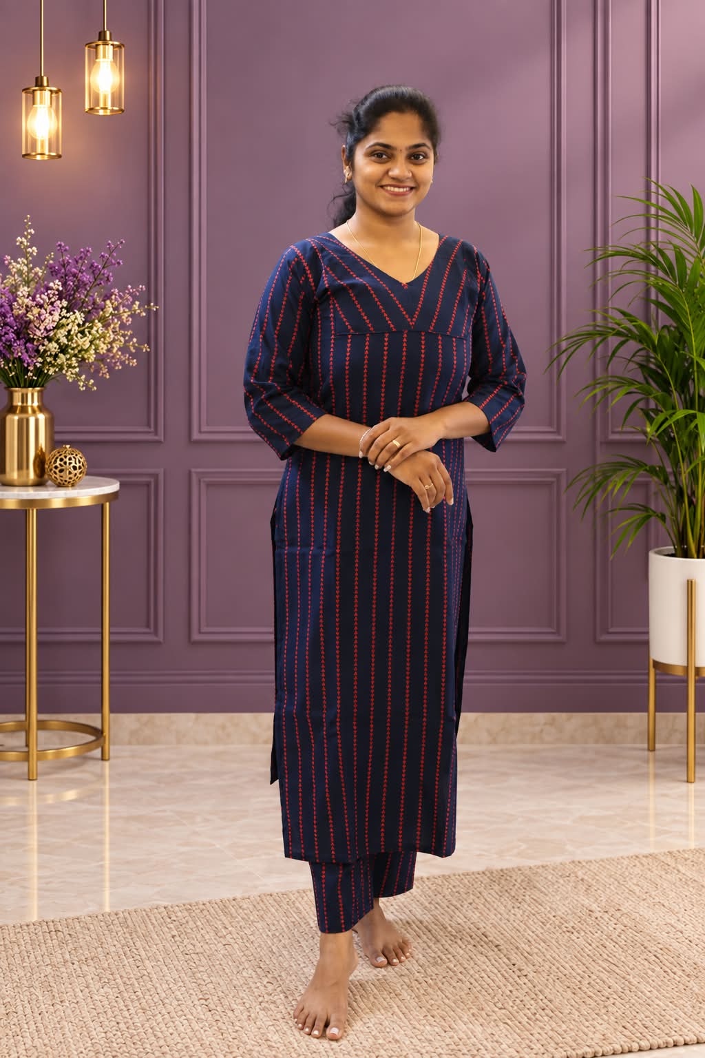 Elegant Cotton Geometric Co-ord Set Navy Blue - Image 2
