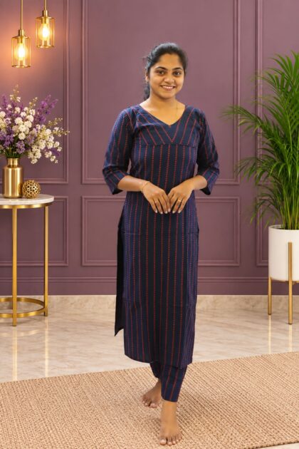 Elegant Cotton Geometric Co-ord Set Navy Blue
