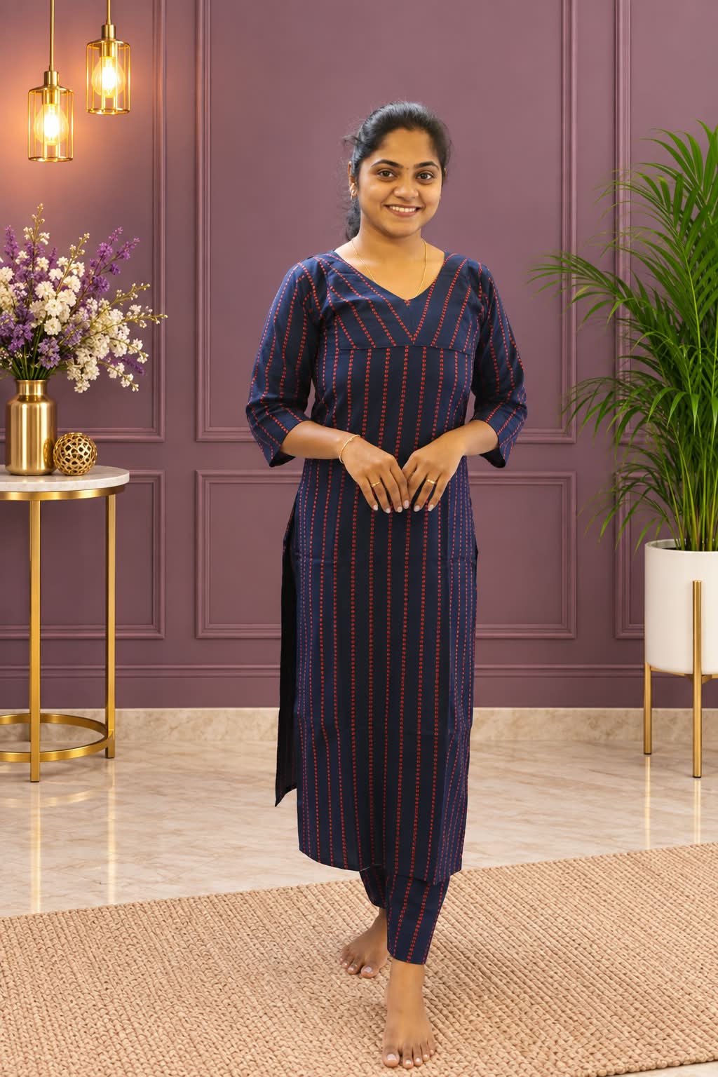 Elegant Cotton Geometric Co-ord Set Navy Blue