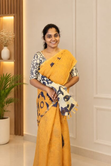 Linen Metallic Cotton Saree Yellow