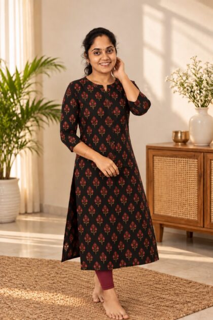 Elegant Floral Cotton Straight Kurti Black