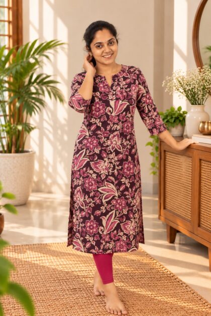 Elegant Floral Cotton Straight Kurti Purple