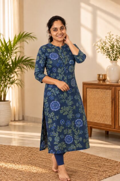 Elegant Floral Cotton Straight Kurti Blue