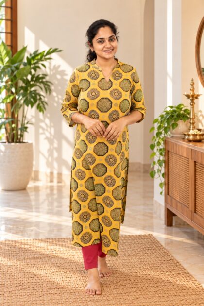 Elegant Floral Cotton Straight Kurti Mustard Yellow